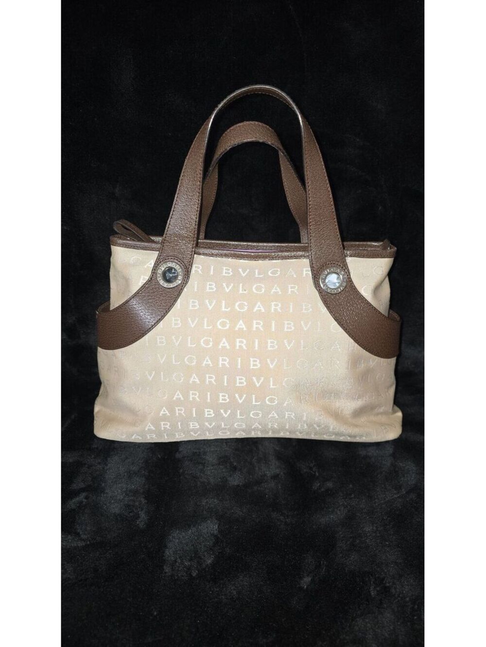 L29. BVLGARI Logo Mania Hand Bag Canvas Beige Silver